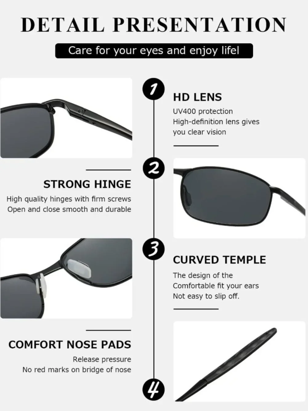 Men's Polarized Rectangular Sunglasses | UV400 Protection, Metal Frame, Retro